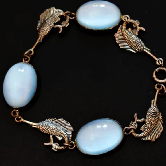 Stunning Vintage Sterling Silver & Blue Moonstone Swordfish Link Bracelet - Picture 3 of 5